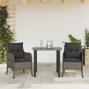 3 pcs conjunto de jantar p/ jardim c/ almofadões vime PE cinza