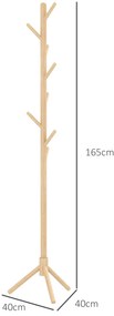 Cabide de Pé de Madeira com 8 Ganchos para Pendurar Roupa e Bolsas Forma de Árvore para Corredor Entrada 40x40x165 cm Natural