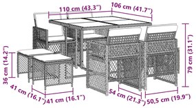 9 pcs conjunto de jantar p/ jardim c/ almofadões vime PE preto
