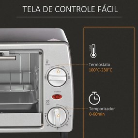 Mini Forno Elétrico de 10 Litros 750W com Temperatura até 230 °C Temporizador 60 Minutos Bandeja e Grade 36,5x26x22cm Preto e Prata