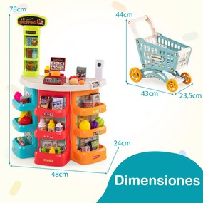 Conjunto de supermercado para crianças com carrinho de compras, balança e scanner com luz e som, 76 peças de alimentos e acessórios, jogo de encenação