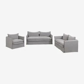 Conjunto De Sala De Estar Com Sofá De 2 Lugares, Sofá De 3 Lugares E Poltrona Em Linho E Algodão Grace Tecido Cinzento Escuro - Sklum