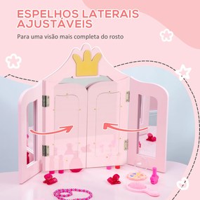 Toucador Infantil de Madeira com Banco e Espelho Dobrável Mesa de Maquilhagem para Crianças de 3-6 Anos com Gaveta Estilo Princesa 79x48x103cm Rosa