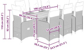 9 pcs conjunto bistrô de jardim c/ almofadões vime PE cinzento