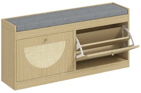 HOMCOM Banco Sapateira com Assento Acolchoado Portas em Vime Prateleira Ajustável para 8 Pares de Sapatos 104,5x24x48 cm Madeira