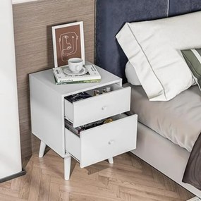 Mesa de cabeceira com 2 gavetas Mesa lateral para sofá com pernas de madeira de borracha 45 x 40 x 62 cm Branco