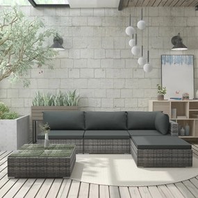 5 pcs conjunto lounge de jardim c/ almofadões vime PE cinzento