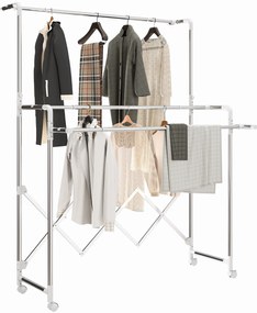 Estendal Vertical Dobrável de 3 Níveis Estendal de Aço Inoxidável com 3 Barras Ajustáveis e Extensíveis 4 Rodas 104-150x103x145-197 cm Prateado