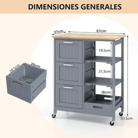Carrinho de cozinha com tampo de madeira, 3 gavetas de armazenamento, 2 prateleiras removíveis e bandeja 67 x 37 x 83,5 cm Cinzento
