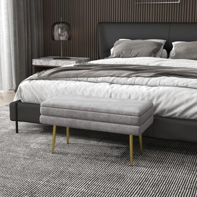 Banco com baú de arrumação 2 em 1, assento com acabamento em veludo e pés em aço - 79,5 x 37,5 x 43 cm, cinzento e dourado