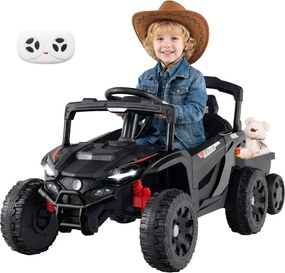 Carro eletrico para crianças 12V com reboque destacável a bateria com 3 velocidades Luzes LED Música Preto