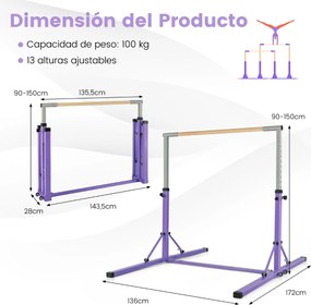 Barra de ginástica infantil dobrável com 13 alturas ajustáveis Estrutura triangular para ginásio em casa Carga 100 kg Roxo