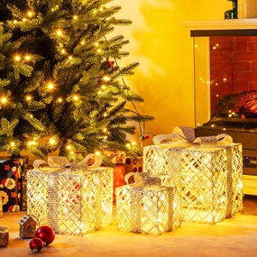 Caixas de Presentes LED Natal Conjunto de 3 Peças com Laços para Interior e Exterior Resistentes às Intempéries