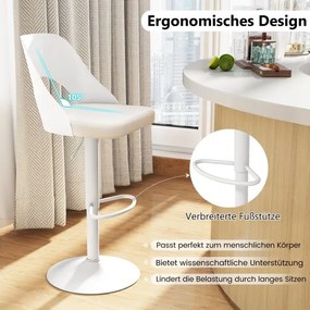 Conjunto de 2 bancos de bar giratórios 360°, ajustáveis em altura, bancos de cozinha com assento e encosto em couro sintético branco