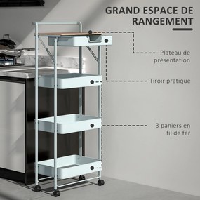 Carrinho de arrumação com rodas 45 x 29,5 x 117,5 cm, 4 níveis, com gaveta, tabuleiro e cestos, verde