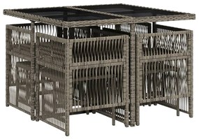 9 pcs conjunto de jantar p/ jardim c/ almofadões vime PE cinza