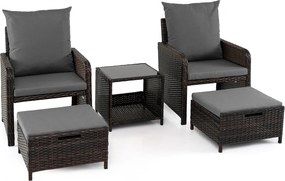 Conjunto de 5 Peças de Mobiliário de Jardim, 2 Cadeiras, Mesa e 2 Apoios para os Pés, 45,5 x 45,5 x 43 cm, Rattan PE Resistente, Cinzento