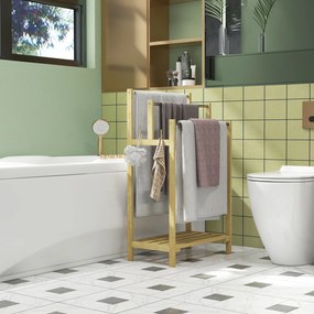 Toalheiro de Pé de Bambu com 3 Barras de Aço Inoxidável Prateleira Aberta 50,5x31x90 cm Natural