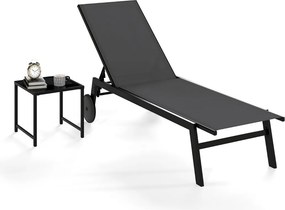 Conjunto de Espreguiçadeira jardim e Mesa de vidro temperado com Encosto ajustável com Rodas para jardim e exterior Cinzenta e Preto