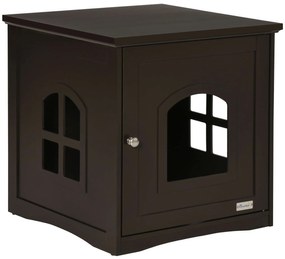 PawHut Casa para Gatos de Madeira Móvel para Caixa de Areia para Gatos 2 em 1 com Armário de Armazenamento 48,7x53,3x53 cm Marrom