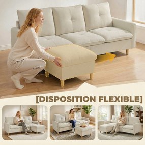 Sofá de 3 Lugares Modular, 210 x 77 x 80 cm, Pufe de Arrumação Flexível, Creme