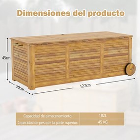 Caixa de arrumação em madeira de acácia, 182 l de capacidade, 2 rodas de altura, bolsa interna resistente à água, organizador para pátio de jardim Cas