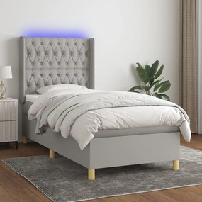 Cama box spring c/ colchão e LED 90x190 cm tecido cinza-claro