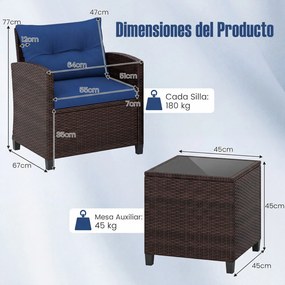 Conjunto jardim de 3 peças: cadeiras de rattan e mesa com tampo de vidro temperado. Mobiliário de exterior em vime para pátio, Castanho com almofadas