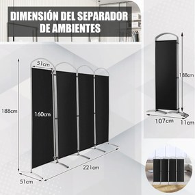 Biombo dobravel de 4 paineis Divisor de espaços 221 x 51 x 188 cm Preto