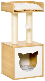 PawHut Árvore Felinos 2 Níveis Cavidade Superior Postes Sisal Natural Almofadas Laváveis 35x35x81 cm Carvalho Durável Confortável | Aosom Portugal