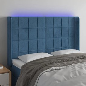 Cabeceira cama c/ luzes LED veludo 147x16x118/128cm azul-escuro