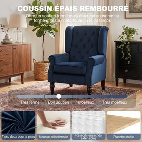 Poltrona de sala estofada com assento largo, pés de madeira, estilo clássico, grande conforto, 74x86x102 cm, azul escuro