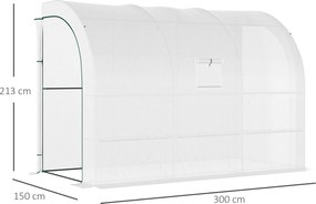 Estufa de jardim encostada com prateleiras de 3 níveis, pequena estufa de varanda em lona de PE 140 g/m², 300 x 150 x 213 cm, branca