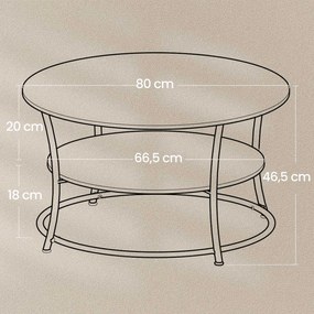 Mesa de centro redonda com prateleira, design industrial cinza concreto-preto