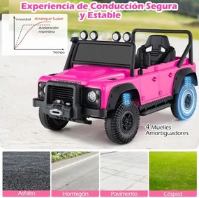 Jipe Land Rover Defender elétrico infantil 12V com comando à distância, suspensão completa, faróis e música para idades entre 3 e 8 anos, Rosa