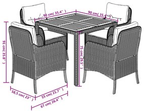 5 pcs conjunto de jantar p/ jardim c/ almofadões vime PE cinza