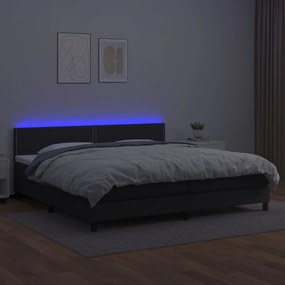 Cama box spring c/ colchão/LED 200x200cm couro artificial preto