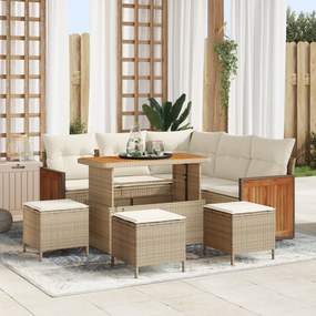 Conjunto de Sofá de Jardim de 9 Peças com Almofadas Bege Rattan de Acácia