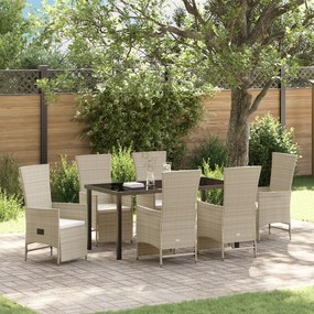 vidaXL Conjunto de Jantar de Jardim de 7 Peças com Almofadas Bege Rattan Poliéster