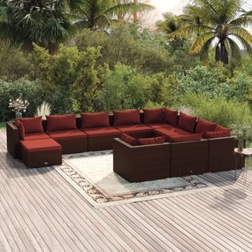 vidaXL 11 pcs conjunto lounge jardim c/ almofadões vime PE castanho