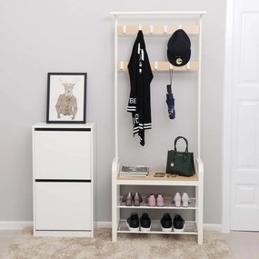 Cabide Bengaleiro entrada Hall com banco e sapateira 33,7 x 72 x 183 cm Branco e Natural