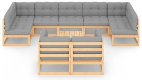 10 pcs conjunto lounge de jardim c/ almofadões pinho maciço