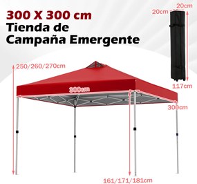 Tenda dobrável 3x3 m com 4 x Sacos de areia de montagem instantânea com 1 botão campismo, feiras, eventos e Saco com rodas Vermelha