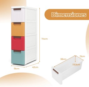 Armário estreito para espaços pequenos com 4 gavetas e rodas integradas 42 x 19 x 74 cm de plástico para casa de banho, sala de aula, escritório ou sa