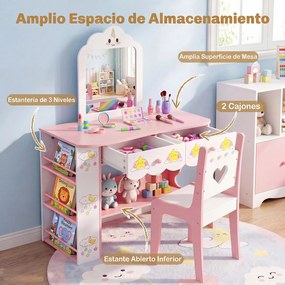 Conjunto de Toucador Infantil com Banco, 80 x 40 x 110 cm, Design 2 em 1, Cor-de-rosa