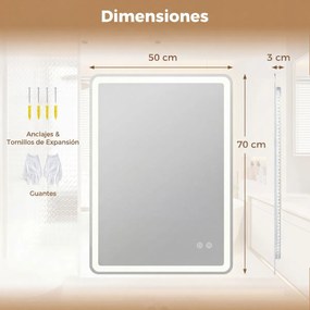 Espelho LED 70x50cm com luzes de 3 cores, antiembaciamento e luz regulável prateada
