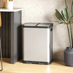 Caixote do lixo de cozinha 48,8 L x 39,5 l x 67 A cm com dois compartimentos de 2 x 30 L, com pedal em aço inoxidável e tampa com fecho suave, pratead