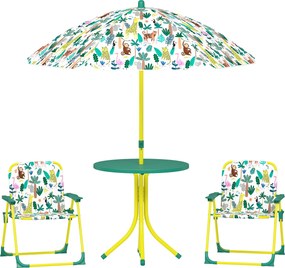 AIYAPLAY Conjunto Infantil de Mesa e Cadeiras de Jardim de 4 Peças Cadeiras Dobráveis Chapéu de Sol Desmontável Design de Selva Verde | Aosom Portugal