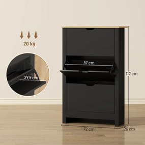 Sapateira com 3 portas 72 (L) x 26 (P) x 112 (A) cm basculantes e 2 compartimentos, em aglomerado de partículas, em cor de carvalho e preto