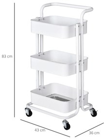 HOMCOM Carrinho Auxiliar de 3 Níveis com Rodas e 3 Prateleiras de Malha Metálica Carga de 20kg Branco 44x36x83cm